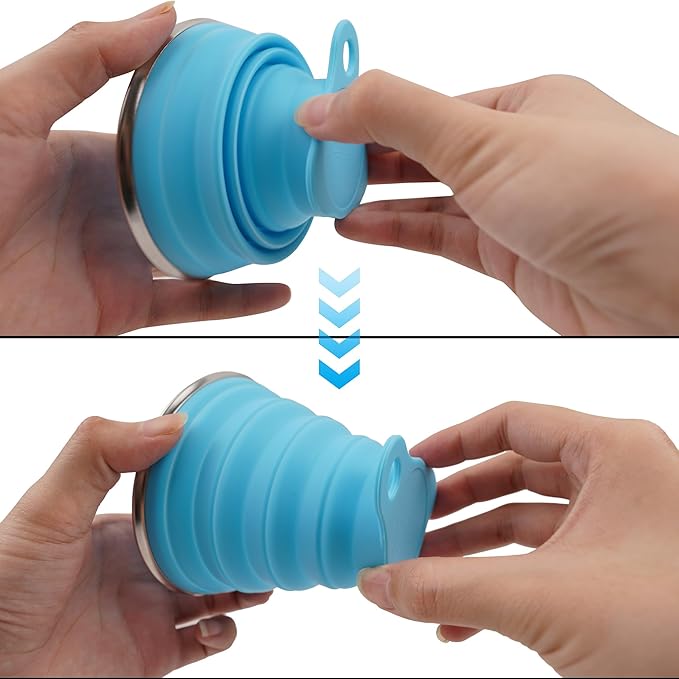 2 Pack Collapsible Silicone Travel Cups with Lids Portable Folding Camping Cups (Grey & Blue)