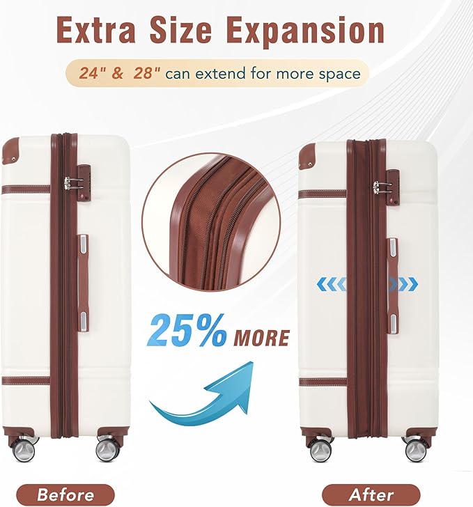 Merax Luggage Set 2 Piece Suitcase Set with Cosmetic Case Expandable Spinner Wheels Vintage Luggage Sets (White,20"+24")