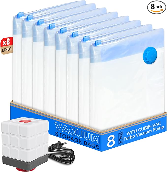 Vacuum Storage Bags for Clothing, 8 Jumbo Vacuum Seal Bags Space Saver for Clothes, Comforters, Blankets, Bedding, Vacuum Sealer Bags with Electric Pump (2025 Upgrade)