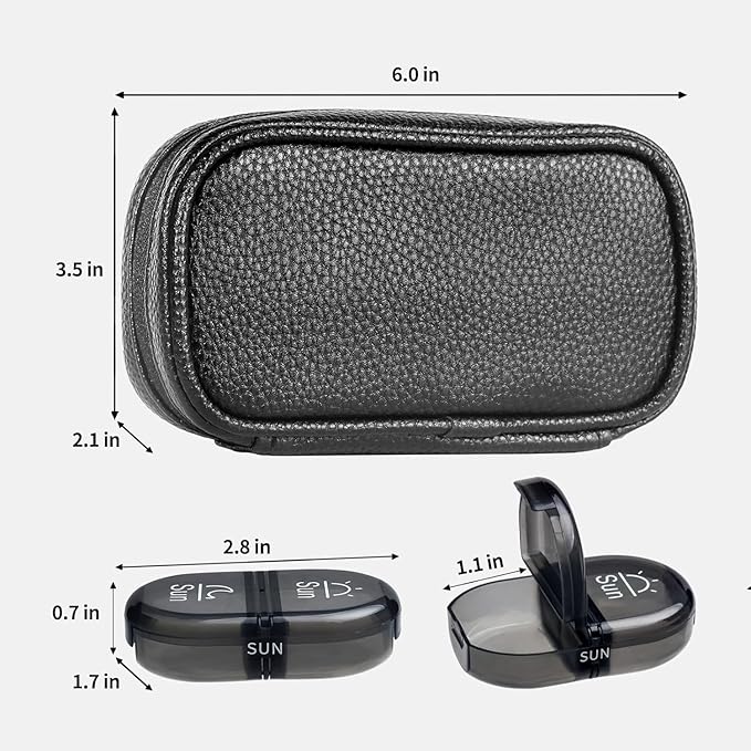 Serfeymi Weekly Travel Pill Organizer 2 Times A Day AM PM Upgraded Black Pill Box 7 Day with Portable Zipper PU Leather Pill Case, Medicine Organizer for Pills, Vitamins, Fish Oils - Black 01