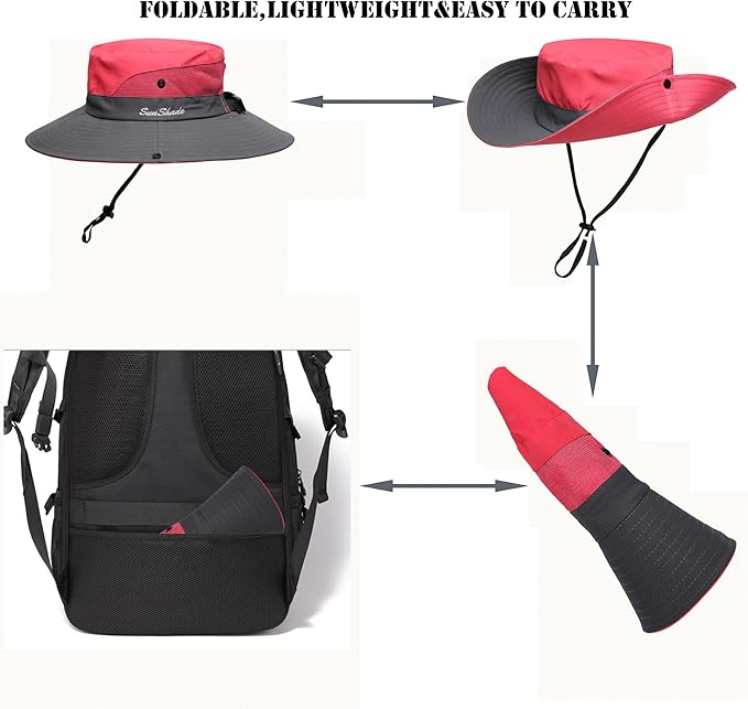 Womens Summer Sun Hat Beach Hat Wide Brim Outdoor UV Protection Hat Foldable Cool Mesh Ponytail Bucket Hat