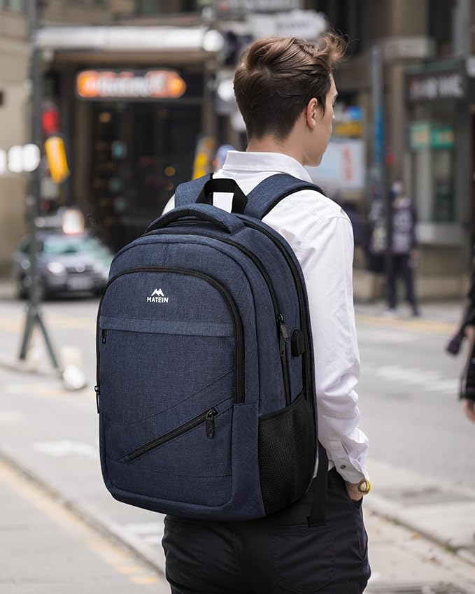 MATEIN 17 Inch Laptop Backpack, Large College Backpack Carry On TSA Approved with Trolley Sleeve, Computer Work Bag with USB Charging Port, Water Resistant Travel Daypack for Men, Dark Blue