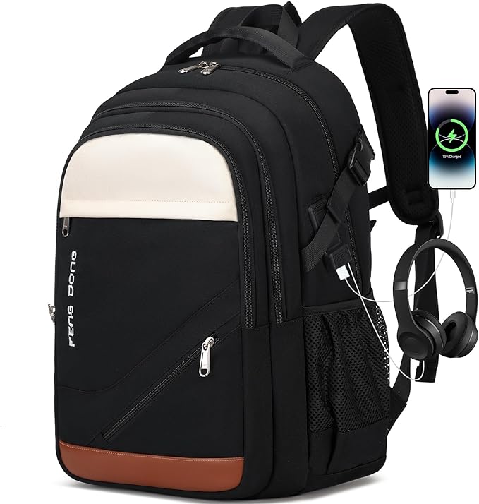 FENGDONG 17.3 inch Large Laptop Backpack Travel College Backpack Waterproof Bookbag for Men & Women Business Backpack with USB Charging Port and Headset Port Black White