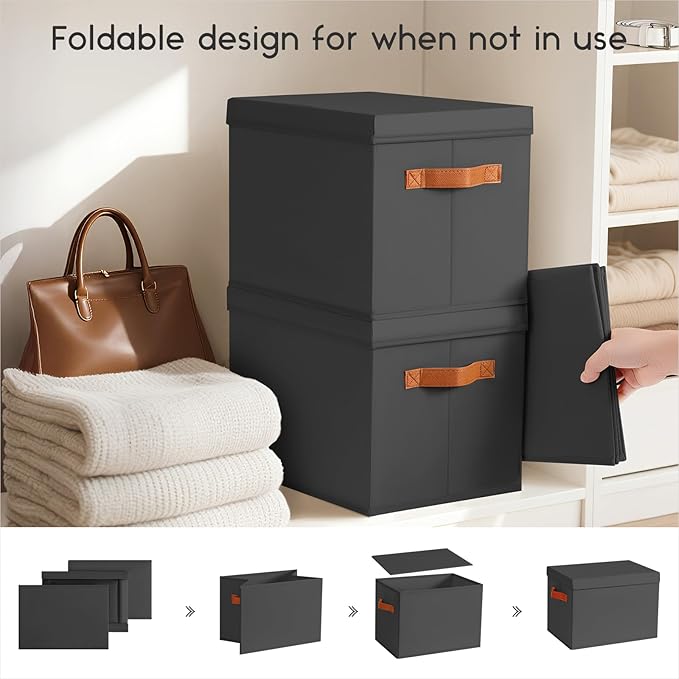 Storage Bins with Lids - Fabric Storage Baskets for Shelves, 6 Pack Foldable Decorative Boxes with Handles, Stackable Organizer Bins for Home, Nursery, Dorm, Black