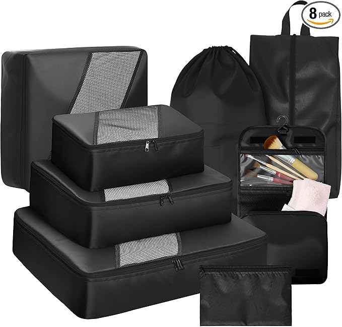 WVM Packing Cubes for Travel, 8 Set Luggage Organizer Bags with Shoe Bag, Toiletry Bag & Laundry Bag, Travel Accessories Essentials Packing Organizer, Black