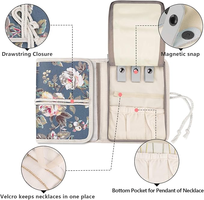 Teamoy Travel Jewelry Roll, Jewelry Storage Bag Organizer for Necklaces, Earrings, Bracelets, Rings, Brooches and More, Compact and Easy to Carry, Peony