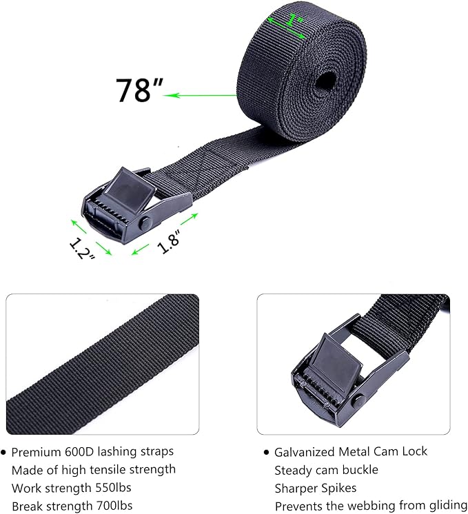 Premium Lashing Nylon Strap - Cam Buckle Tie Down Straps Heavy Duty Secure Straps up to 500 lbs Capacity for Motorcycle,SUP, Kayak, Canoe, Surfboard, Cargo, Boat,Trailer, Moving(1'' x 6.5Ft Black)