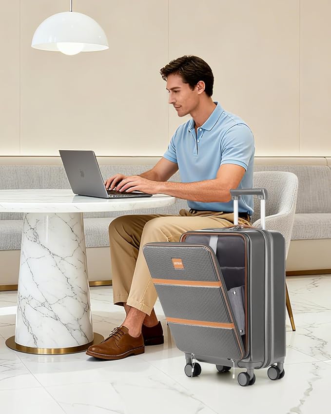 Joyway Carry on Luggage Airline Approved with Front Pocket, Hard Shell 20 Inch Travel Luggages with Cup Holder, Carry-on Suitcase with Spinner Wheels for Men and Women (Grey, 20 Inch)