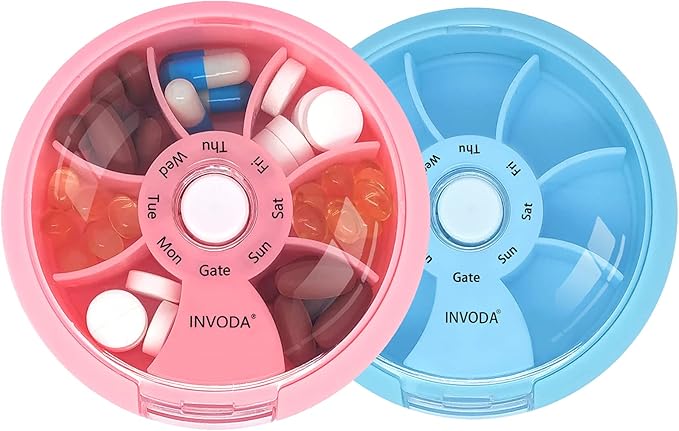 INVODA Weekly Pill Organizer 7 Compartment Rotating Pill Box for Daily Medication & Vitamins - Portable Travel Pill Case Fish Oil Supplements Vitamins Organizer (Pink+Blue)