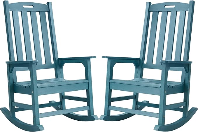 Psilvam Oversized Outdoor Rocking Chair Set of 2, Porch Rocker with 21" Wide Seat and 32" Tall Backrest, Pre-Assembled with Most Components for Effortless Installation (Blue)