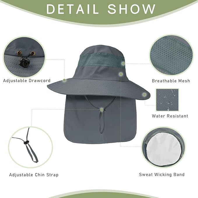 Fishing Hat Breathable Wide Brim Sun Hats with Neck Flap Bucket Hat Outdoor Safari Hat for Men Women UPF 50+ Sun Protection