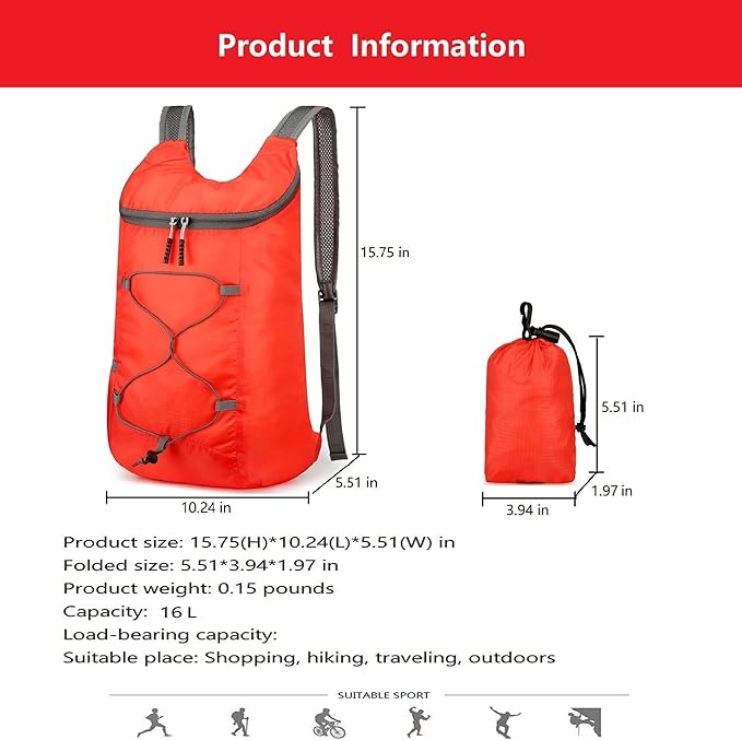 16L Hiking Daypack Lightweight Foldable Travel Backpack Water Repellent Camping Outdoor Packable Easy Carry-on Bag (Red)