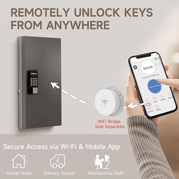 WeHere 48 Key Lock Box Wall Mount, APP Bluetooth/OTP/Wi-Fi/Fixed Code/Key Unlock, Smart Key Cabinet with Key Tag, Key Organizer Holder Box, Key Management Directory for Office, Valet, Realtor, Hotel