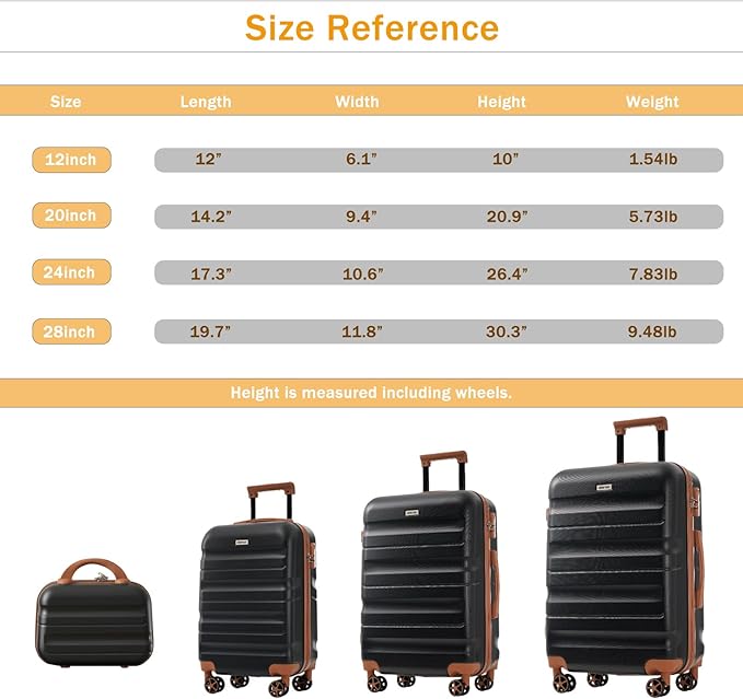 Merax Luggage Set 13 Piece, Hardshell ABS Suitcases with 8 Silent Spinner Wheels, Durable and Lightweight Travel Luggage for Family Trips, Black Brown