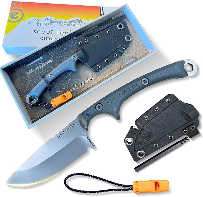 Scout Feather - Fixed Blade Survival Knife with built-in Firestarter for Camping, Hunting, Outdoor Adventure and Culinary Needs - VG10 Blade, Whistle, Knife Sharpener, Compact Sheath & G10 Handle