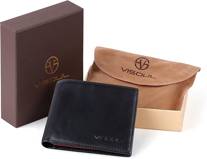 VISOUL Mens Bifold Wallet with 2 ID Windows and 2 Money Compartments, Genuine Leather Designer Wallet with RFID Blocking for Men Two Tone (Black and Burgundy)
