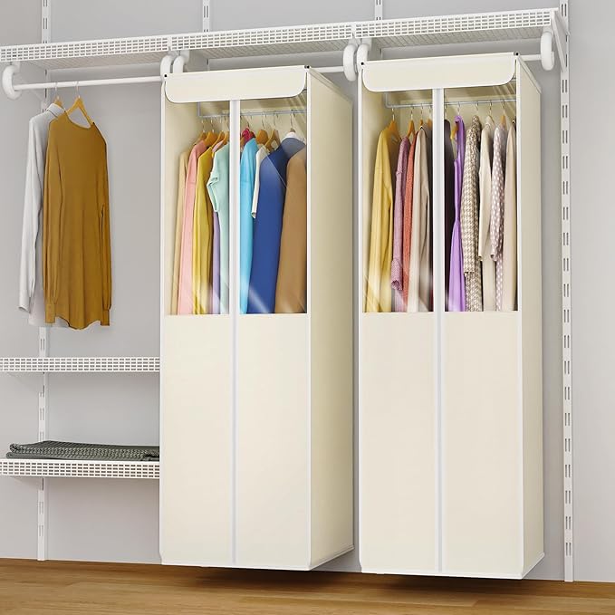 Univivi Garment Bags for Hanging Clothes, 2 Pack Large Clothes Storage Bags Closet Organizer with Clear Window, Premium Hanging Garment Storage Bag for Suits, Coats, Dresses, 54" (Beige)