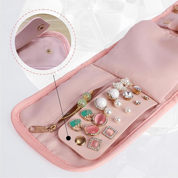 emissary Small Jewelry Travel Case Organizer for Necklace, Earrings, Rings, Bracelet, Jewelry Storage, Earring Storage, Necklace Storage, Valentines Day Gifts Pouch Bag Accessories for Travel (Pink)