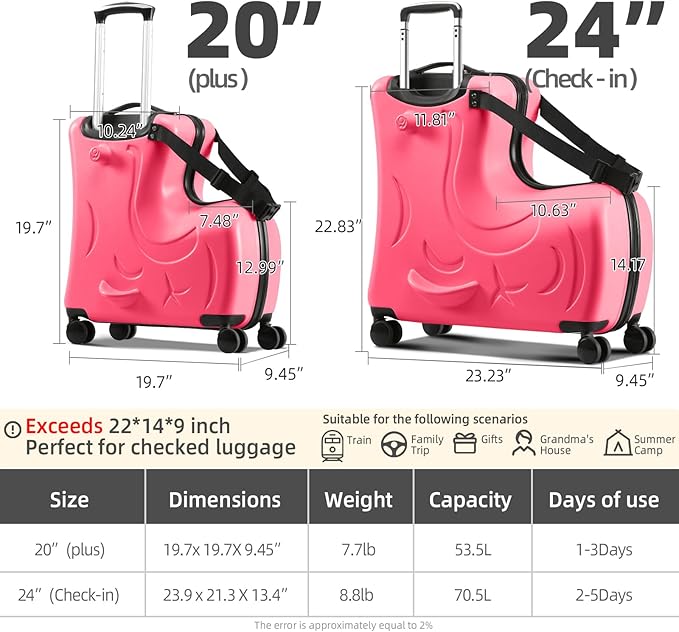 Ride on Hard Shell Kids Luggage with 4 Spinner Wheels for Girls and Boys, Rolling Childrens Travel Suitcase with Seat and Safety Belt for Toddler Ages 6-12, Checked size 25 Inch, Red