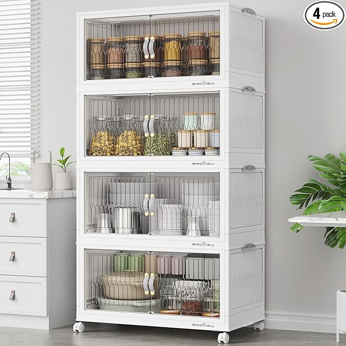 BROVIEW 400Qt Stackable Storage Bins with Lid, Extra Large Closet Organizer Collapsible Drawer Boxes with Wheels, Folding Plastic Cabinet Containers for Home Kitchen Room Organization, 4Pack White