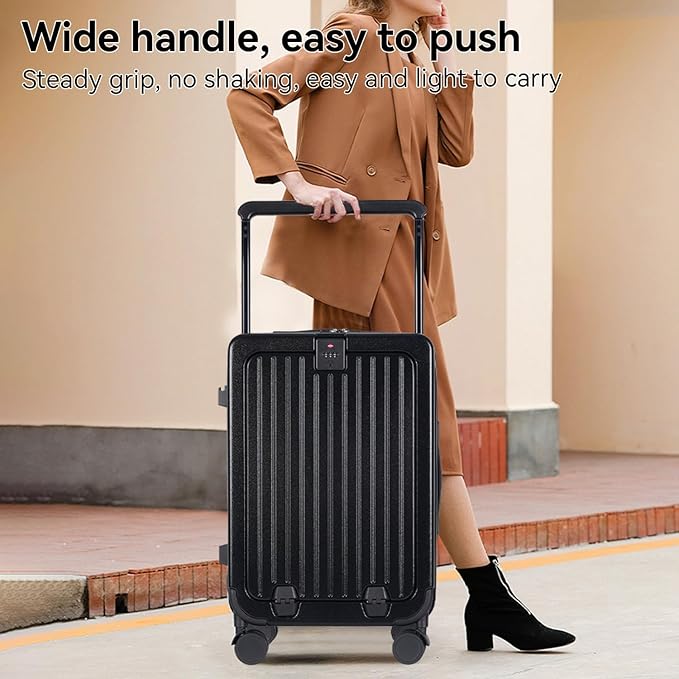 SOKOK Front Pocket Luggage Carry On with Spinner Wheels, Wide Handle Travel Suitcase PC Hardshell Durable Rolling Luggage for Business Trip with Charging Port and Cup Holder, Black
