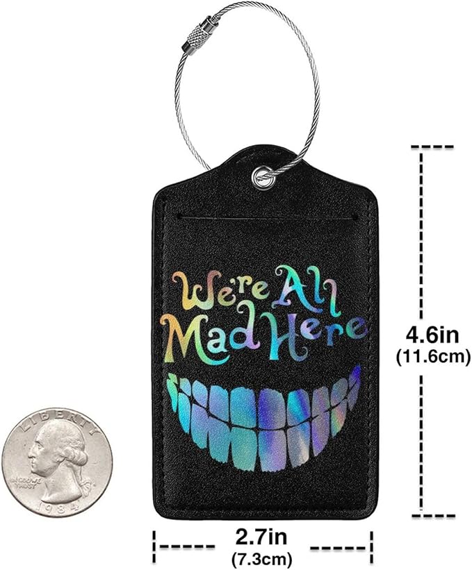 2 Pack Luggage Tags for suitcases Funny Cute Smiley Face We're All Mad Here Luggage Tag, Leather Stainless Steel Loop Label Tag for Men Women Travel Bag Suitcase(Smiley)