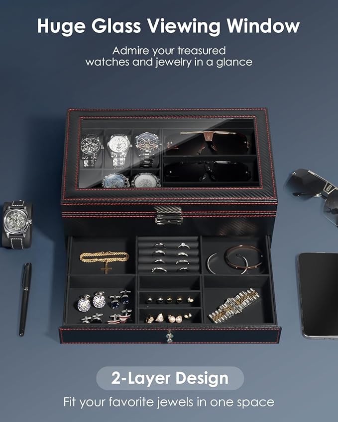 Watch Jewelry Box Organizer, 6-Slot 2-Layer Watch Case and Sunglasses Storage with Large Glass Lid, Men's Jewelry Box with Lock, Watch Holder Display Case, Gift for Men Women