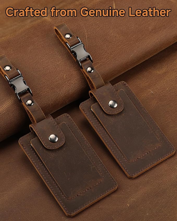 Premium Genuine Leather Luggage Tags for Suitcases - Quick Release, Privacy Protection, Elegant and Durable, Travel Essential Luggage Tag - 2 Pack Coffee