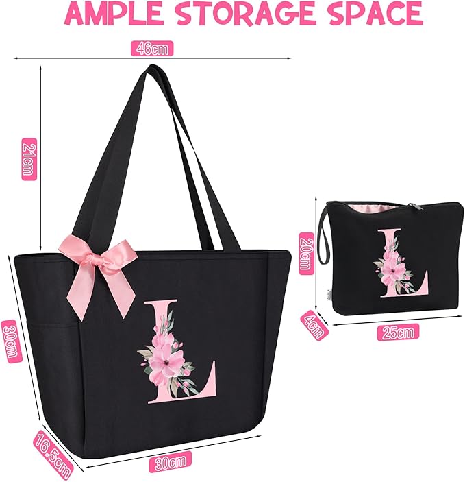 Vavabox Tote Bag, A-Z Initial Monogrammed Waterproof Tote Bag, Bridesmaid Gifts for Women, Black and Pink