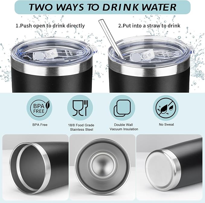 20oz Tumbler with Straw and Brush, Stainless Steel Vacuum Insulated tumbler, Double Wall Insulated Coffee Tumbler for Outdoor, Home, Travel,Office (Black,1pcs)