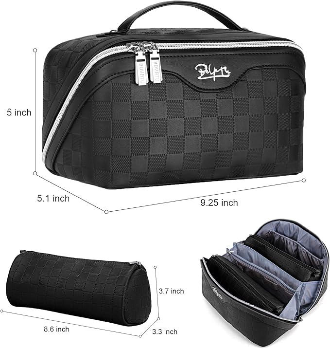 BOYATU Travel Makeup Bag Organizer Cosmetic Bag: 3 Pcs Set Make up Bags for Women with Handle - Waterproof Vegan Leather Toiletry Bags with Comparments (01-Black)