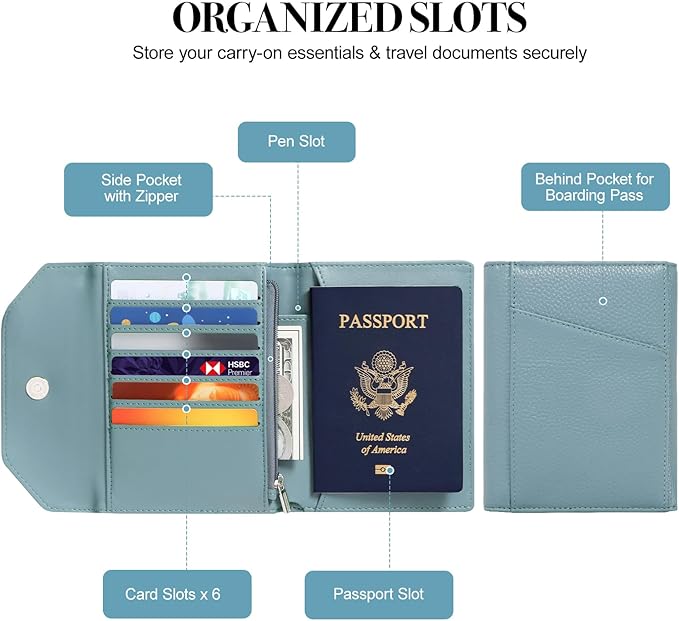Leather Passport Holder for Travel,Passport Book Holder,Rfid Blocking Travel Wallet Protect Your Card Security,Travel Document Organizer for Men Women,Airport Essentials Gift (Blue)