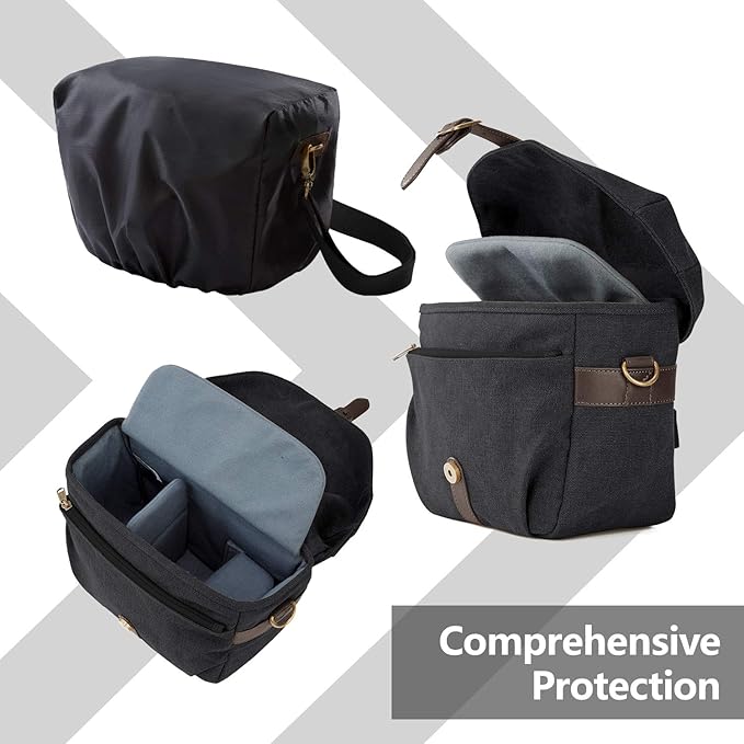 BAGSMART Camera Bag, SLR DSLR Canvas Crossbody Camera Case, Compact Camera Shoulder Bag with Rain Cover for Women and Men, Black