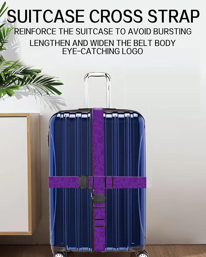 Luggage Straps for Suitcases, Adjustable Travel Belt, Durable Wide Luggage Strap, Cute Suitcase Strap Identifiers with Buckle, Bag Straps for Luggage, Purple Bats Skulls