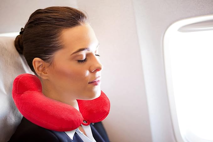 Inflatable Travel Neck Pillow: Extra-Soft, Cushion. for Airplanes, Trains, Cars, Portable Travel Accessory-with Carrying Pouch for Cell Phone and Passport Etc. (Vintage Red)