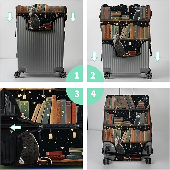 Luggage Cover + Tag, Cat Library Travel Suitcase Protector for 18-20 inch Luggage (S) with Concealed Zipper, Washable Elastic Cloth, Dustproof, Anti-Scratch