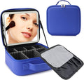 Travel Makeup Bag with LED Mirror Travel Makeup Organizer with 3 Lighted Settings, Adjustable Dividers and Makeup Brush Storage Bag Dark Blue