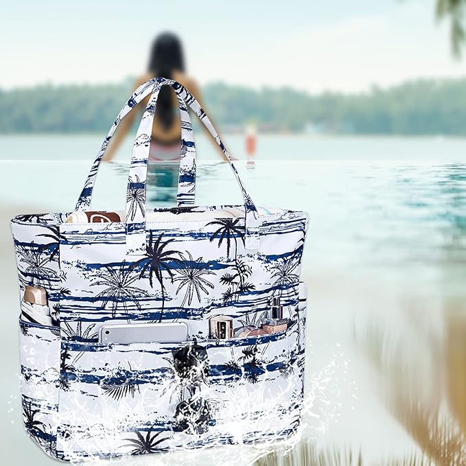 LEDAOU Large Beach Tote Bag Women Waterproof Sandproof Zipper Beach Tote Bag for Pool Gym Grocery Travel with Wet Pocket