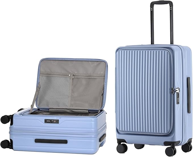 24 Inch Top Opening Checked Travel Luggage Expandable with Spinner Wheels,All PC Hard Shell Hardside Lightweight Medium Suitcase with TSA Approved Cup Holder for Business Trips Woman Men,Blue