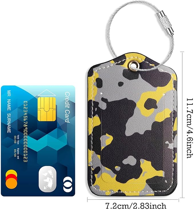 Luggage Tags for Suitcases-Leather Luggage Tag 4 Pack with Loops Cute Bag/Backpack/Suitcase Tags Travel Essentials for Flying (Camo-Yellow)