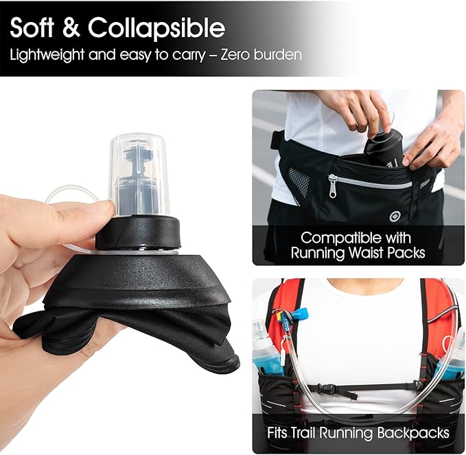 GYGYL Soft Flask, TPU Collapsible Soft Water Bottle for Hydration Pack, Running Vest, Leak-Proof Folding Water Bottle for Hiking Cycling Climbing Jogging-500ml Black, 2pcs