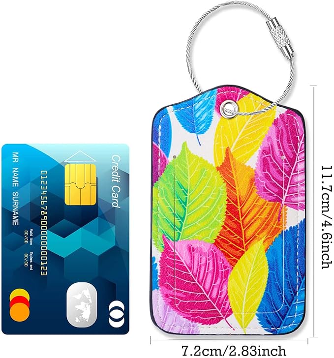Luggage Tags for Suitcases-Leather Luggage Tag 4 Pack with Loops Cute Bag/Backpack/Suitcase Tags Travel Essentials for Flying (Colorful Leaft)