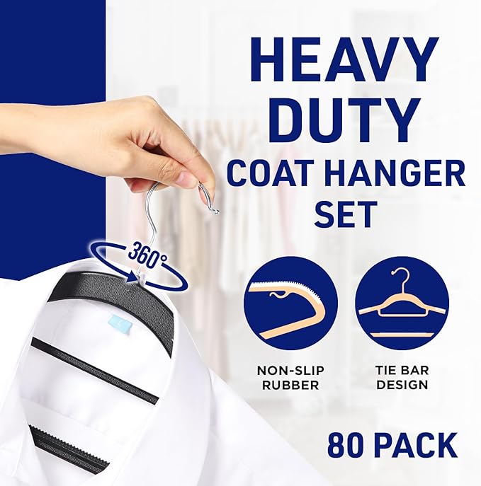 Lifemaster Versatile Clothes Hanger Set - 80 Pieces Space-Saving Dry and Wet Clothes Hanger Set with 360° Swivel Hook and Non-Slip Rubber Design - Black