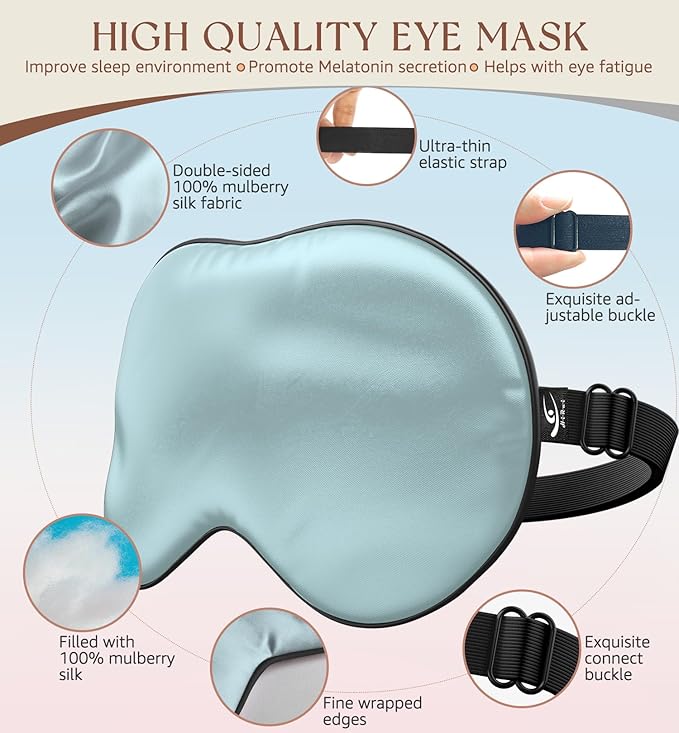 HiRui Silk Sleep Mask, 100% Natural Mulberry Silk of Double-Sided & Inner-Filling, Ultra-Smooth Soft, Adjustable Strap, Blocks Light for Night Sleeping, Travel, Office Naps (Light Blue)
