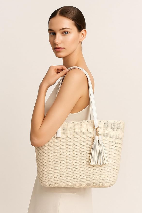 YXILEE Straw Bags For Women | M Size Travel Straw Totes Bag Woven Summer Handmade Shoulder Bag Handbag
