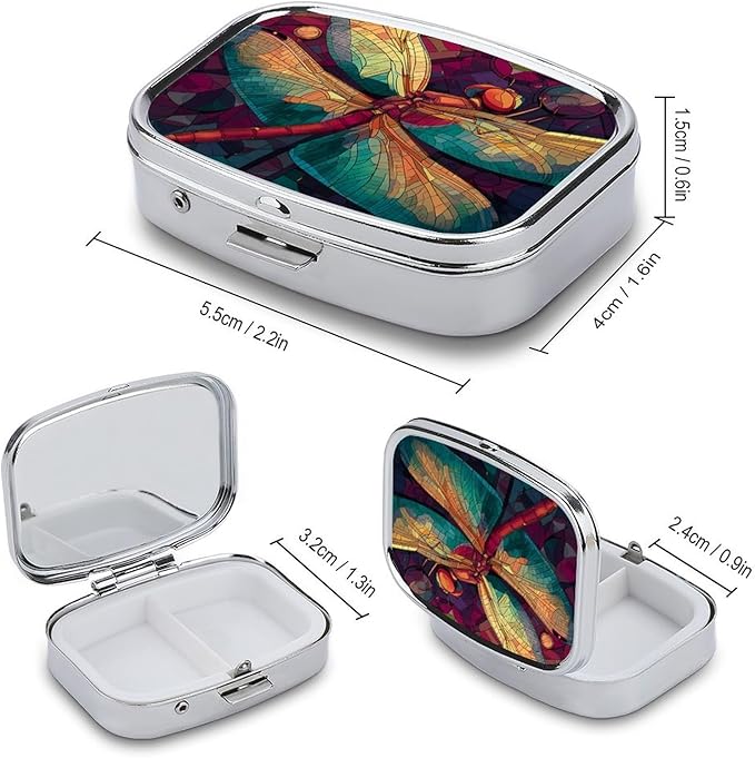 Metal 2 Compartment Pill Organizer Travel Friendly Portable Compact Pill Box Cute Pill Case,for Pocket Wallets Daily Portable Medicine Vitamin Tablet Storage (Dragonfly)