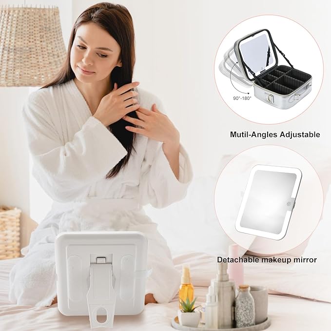 Mocado Travel Makeup Bag with LED Lighted Mirror,Travel Makeup Organizer,Makeup Case with 3 Color Lighted Setting and 10x Magnifying Mirror,Portable Storage and Adjustable Dividers Makeup Box(Silver)