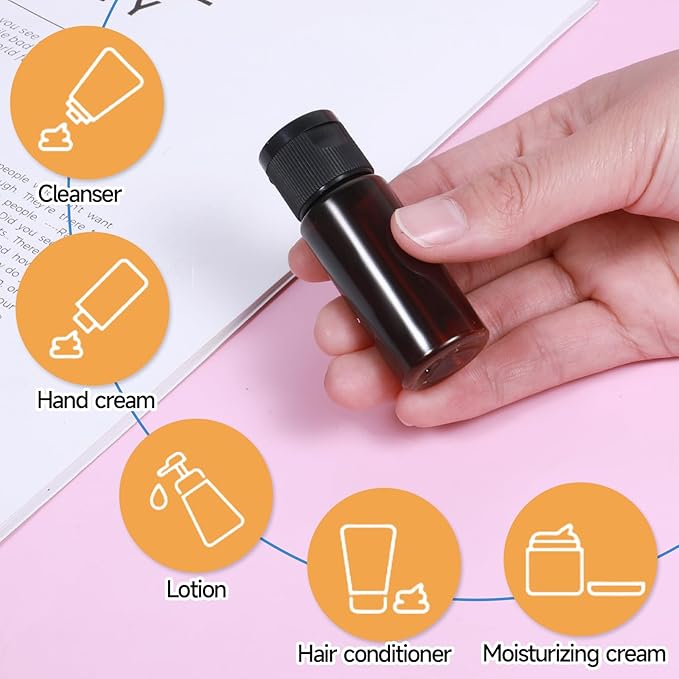 Travel Size Make up Sample Containers, 12 Pieces Plastic Mini Empty Toiletry Bottles 1/2 Oz Leak Proof Liquid Containers with Lids for Travel Liquid Toiletries, Amber