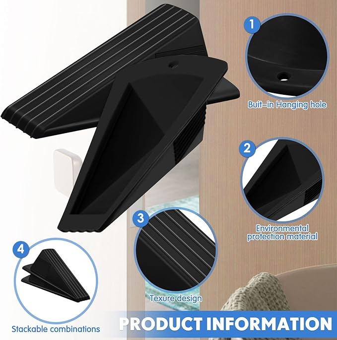 Frienda 4 Pcs Jumbo Door Stoppers Heavy Duty Door Stopper Tall up to 2inch Tall Wedge TPR Large Wedge Stackable Big Rubber Doorstop for Hotel Carpet Hardwood Concrete and Tile (Black)