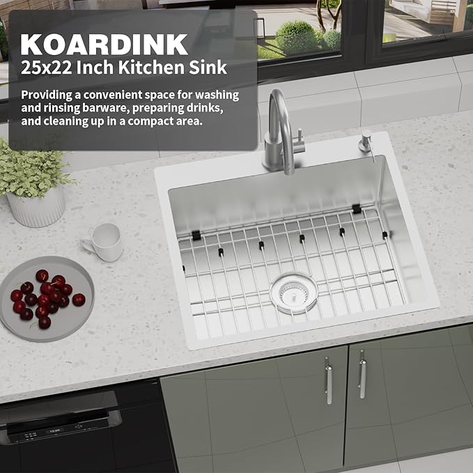 Stainless Steel Drop In Kitchen And Bar Sink - 25x22 Inch Single Bowl Topmount Bar Sink Come With SS Grid,Silicon Mat,Drain Strainer Set